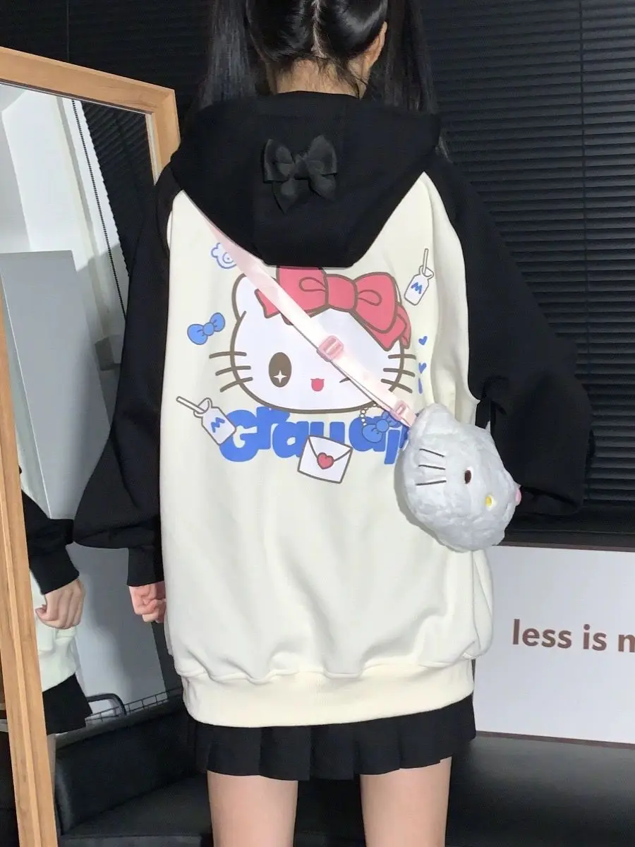 

Hello Kitty Kawaii Sanrio American Retro Japanese Hooded Cardigan Sweater Women Loose INS Bow Long Sleeve Jacket