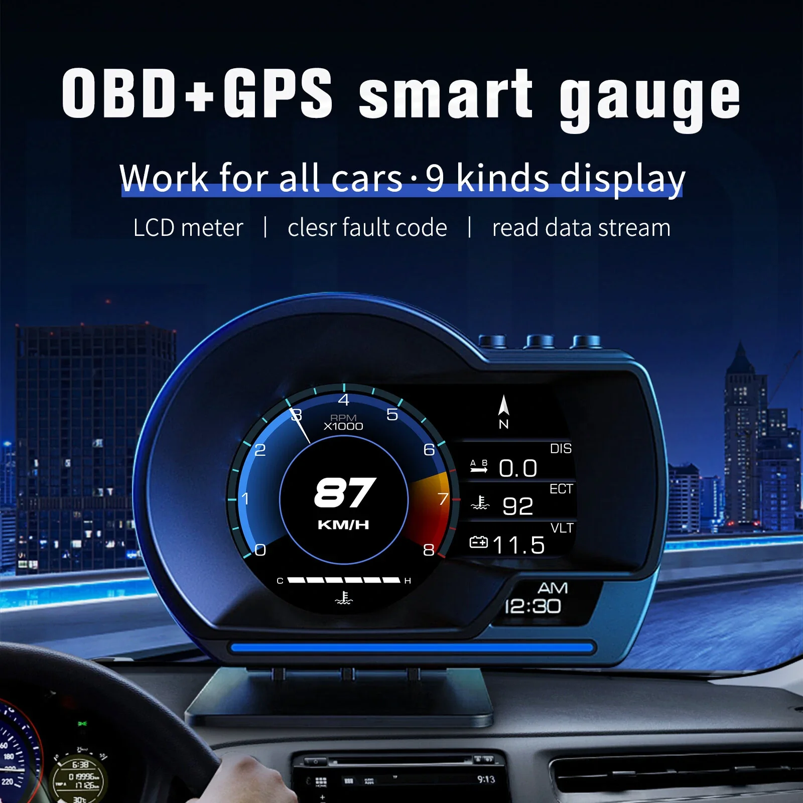 Автомобильный проекционный дисплей (HUD) OBD2+GPS: Умный автомобильный HUD-дисплей, цифровой одометр, сигнализация безопасности, сигнализация о температуре воды (art.: 3920d97d526bd) - 3920d97d526bd