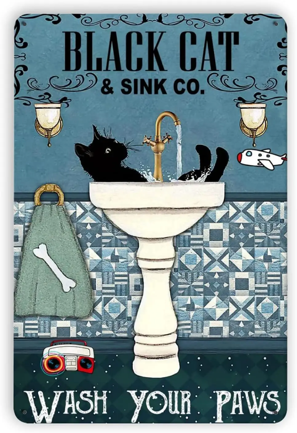 

DZGlobal Cat Tin Sign - Vintage Black Cat Wash Your Paws Tin Sign for Cat Crossing Sign, Bathroom Backyard Garage Man Cave Shed