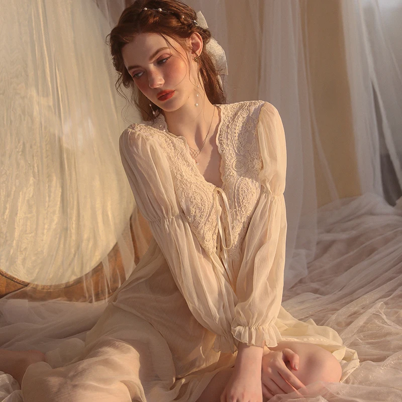 Lace Princess Dress Underwear Nightgown Sexy Perspective Charm Lace Court Style Robe Solid Color Women's Home Lingerie Sleepwear