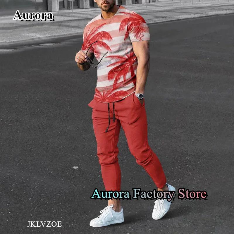 Summer Men's Casual Tracksuit 2 Pieces Palm Trees T-Shirt Trousers Set Jogging Suit Fashion Outfit Male Beach Style Streetwear