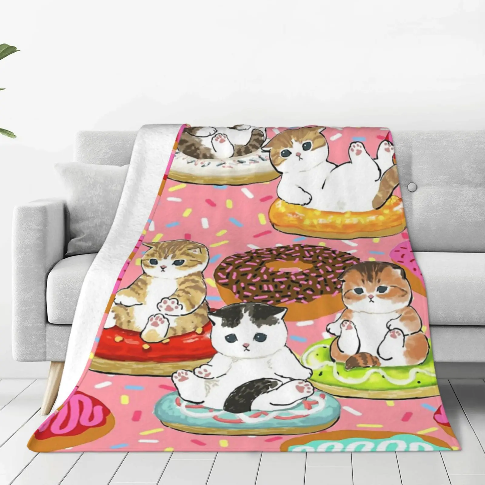 

Kawaii Cat Fleece Blanket Comfortable Soft Flannel Lightweight Warm All Seasons Throw Blankets Cute Cartoon Kitten Food Donuts
