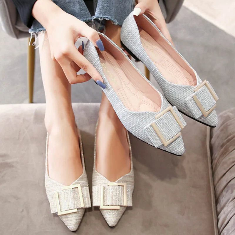 

2022 Gold/Silver Bling Woman Flats Cozy Office Loafers Women Shoes Ballerina Metal Buckle Pointed Toe Moccasins Large Size 34-43