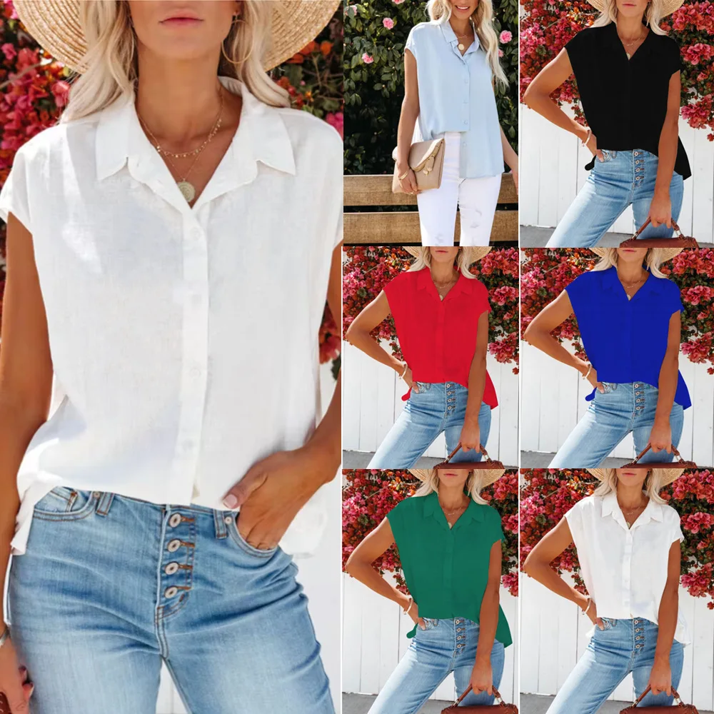 

Womens Blouse Top Women's Shirts 2022 Summer New Single-Breasted Sleeveless V-Neck Solid Color Women's Shirts
