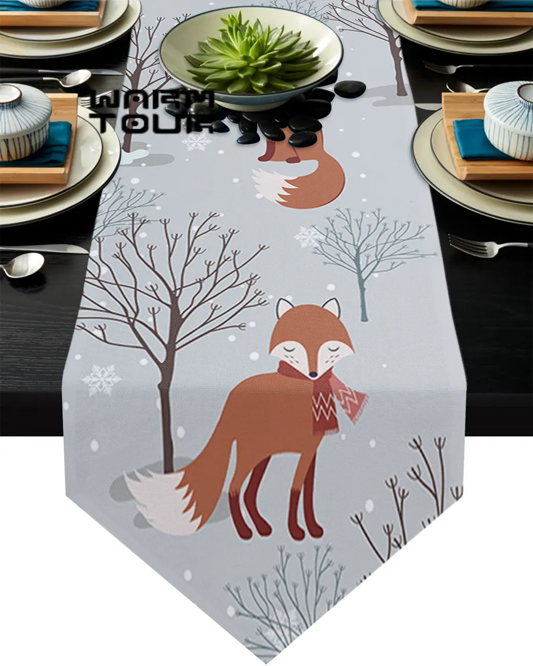 

Настольная дорожка с мультяшными лисьими ветвями и снегом, рождественские украшения для дома, скатерть для свадебной вечеринки, домашний д...