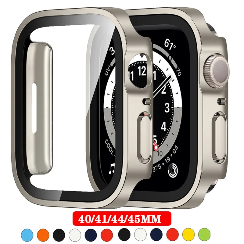 

Tempered Glass+Case For Apple Watch 41mm 45mm 44mm 40mm 44 mm PC Straight Edge Screen Protector cover iWatch series 8 7 6 5 se