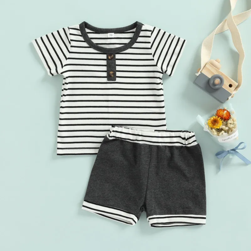

Baby Boy Shorts Sets Summer 2022 Striped Print Short Sleeves Round Neck Button Tops + High Waist Shorts Set