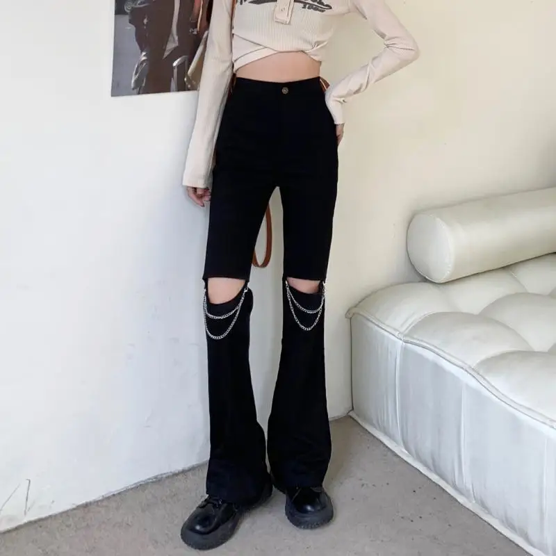

Fashion Gothic High Waist Jeans Women Chic Chain Shredded Flare Jeans Denim Pants Female Harajuku Y2K Streetwear Trousers