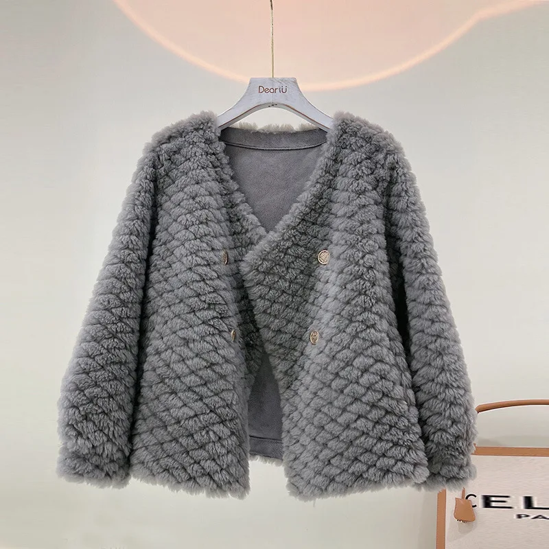 2022 New Real Sheep Sheared Lamb Fur Coats Jackets Women Female 100% Wool Granule Double-breasted Fashion Warm Outerwear