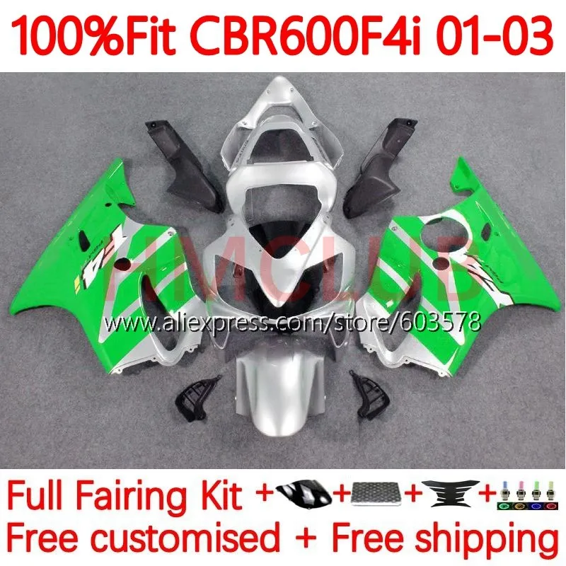 

Корпус инжектора для HONDA CBR 600 CBR600 F4i 600F4i CBR600F4i 2001 2002 2003 600CC 01 02 03 обтекатель, комплект OEM 137No.26, зеленый, серебристый