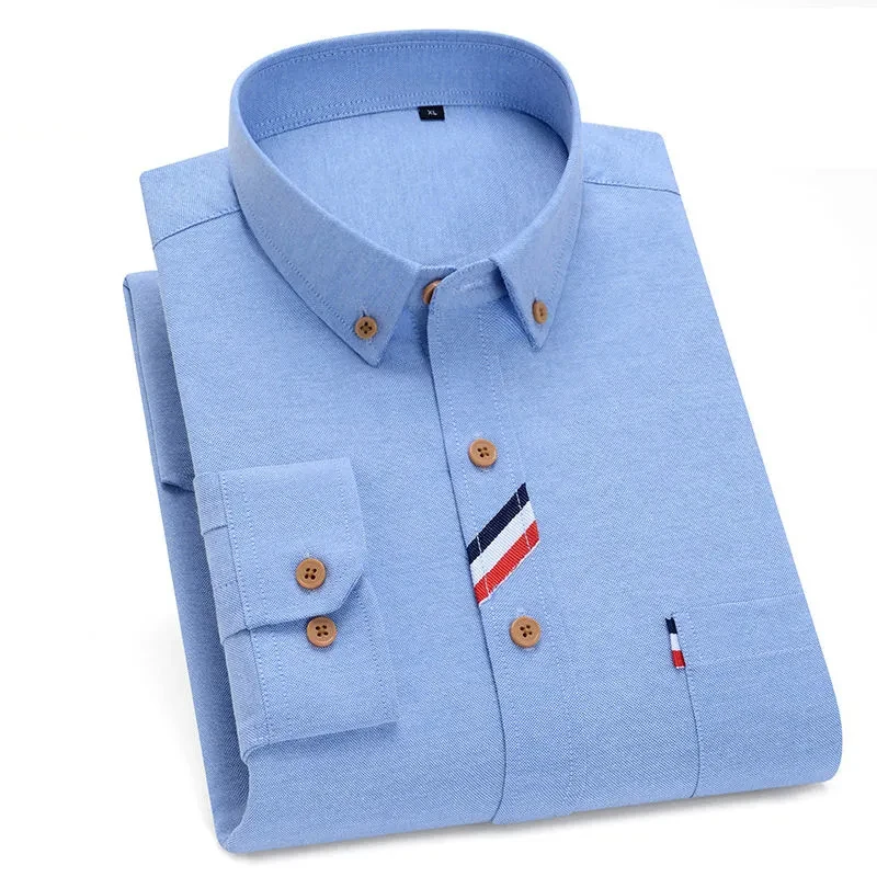 Men's Oxford Shirts Long Sleeve Lapel Business Casual Webbing Stitching Simple Style Solid Color Slim Blouses Male Clothing