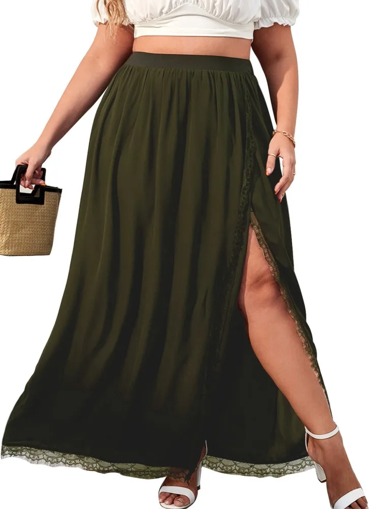 

Split Long Skirts Women Elastic High Waist Lace Patchwork Ropa Mujer 2022 Summer New Solid Fashion Street Style Sexy Loose Skirt