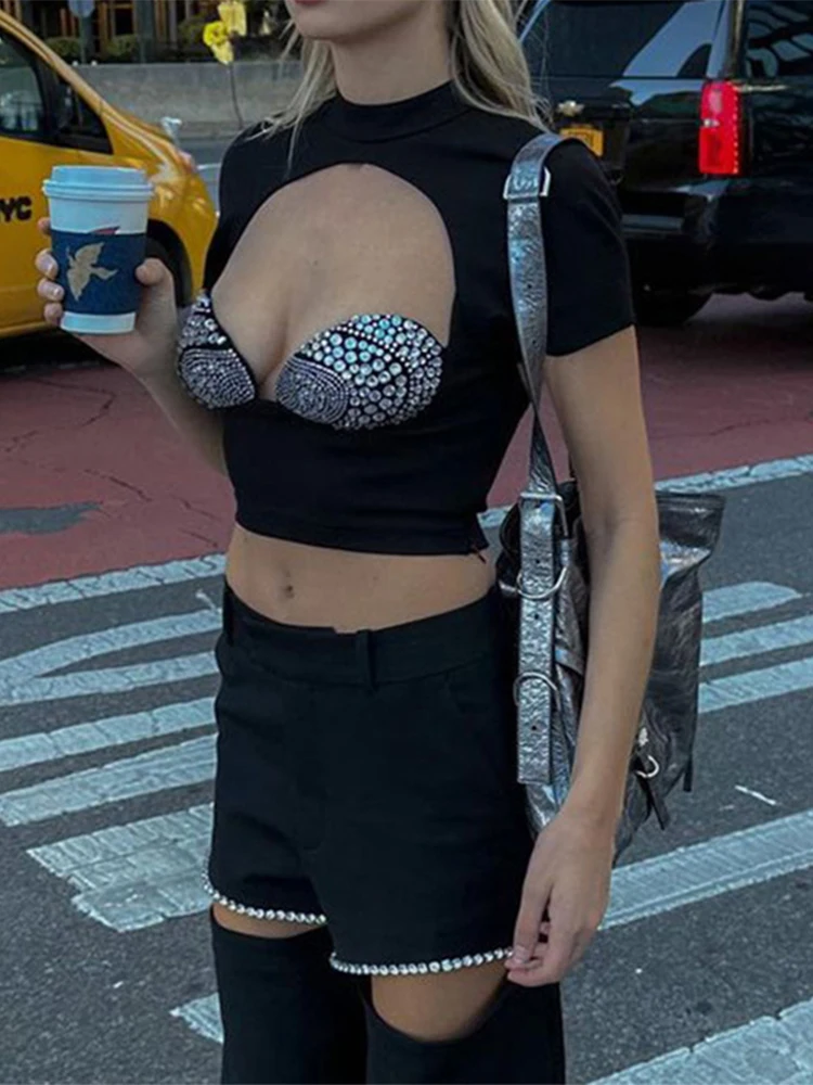 

SEASONS Sexy Rhinestone Crop Tops Cut Out Backless Short Sleeve Tees White Black Shirts for Woman New Arrivals 2023 ASTS87019
