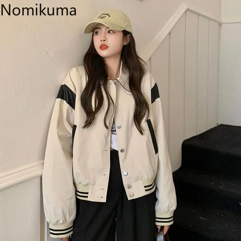 

Nomikuma Women Jacket Spring Autumn Turn Down Collar Contrast Color Chaqueta Mujer Harajuku Street Fashion Casual Veste Femme