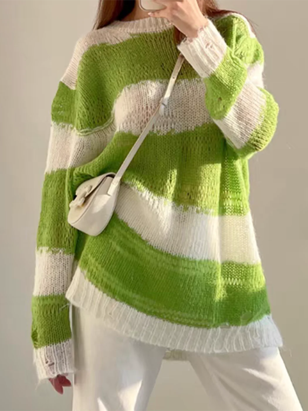 

Striped Hollow Out Sweaters Woman Autumu Long Sleeve O Neck Wool Cozy Pullover Femme Casual Vintage Classic Jumpers Tops 2022