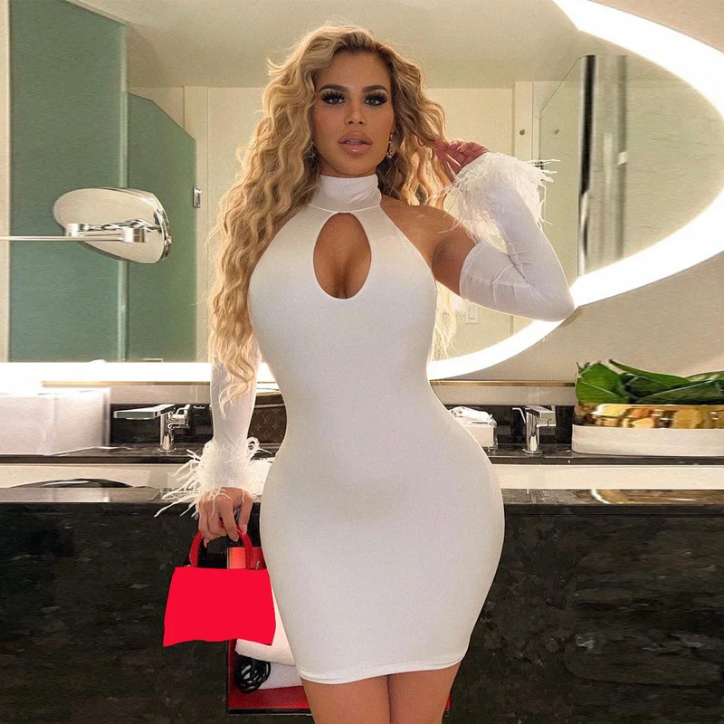 

WUHE Women Cut Out Hole with Long Sleeve Turtleneck Bodycon Feather Dress 2022 Summer Party Club Sexy White Black Dresses