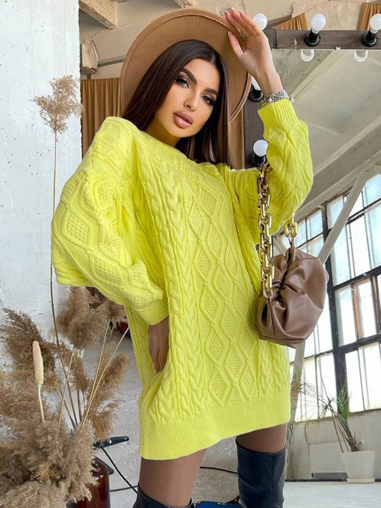 

Women Yellow Oversized Knitted Long Sleeve Sweater Dress Fall Winter Fashion Simple Thickened Warm Pullover Harajuku Mini Dress