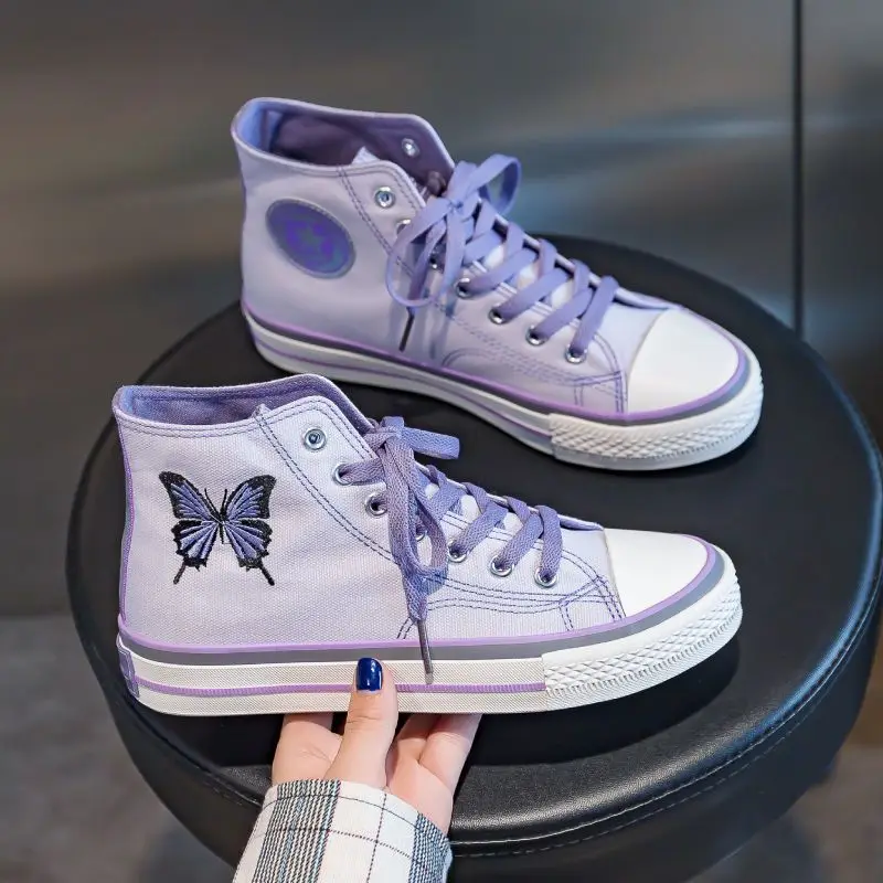 

Embroidery Butterfly Canvas Sneakers Women's Lace Up Plimsolls Girls High Top Sneakers Woman Purple Vulcan Sneakers Story Shoes