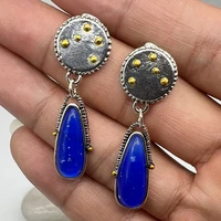 vintage water drop blue stone earrings ethnic two tone metal carving handmade drop dangle earrings for women jewelry