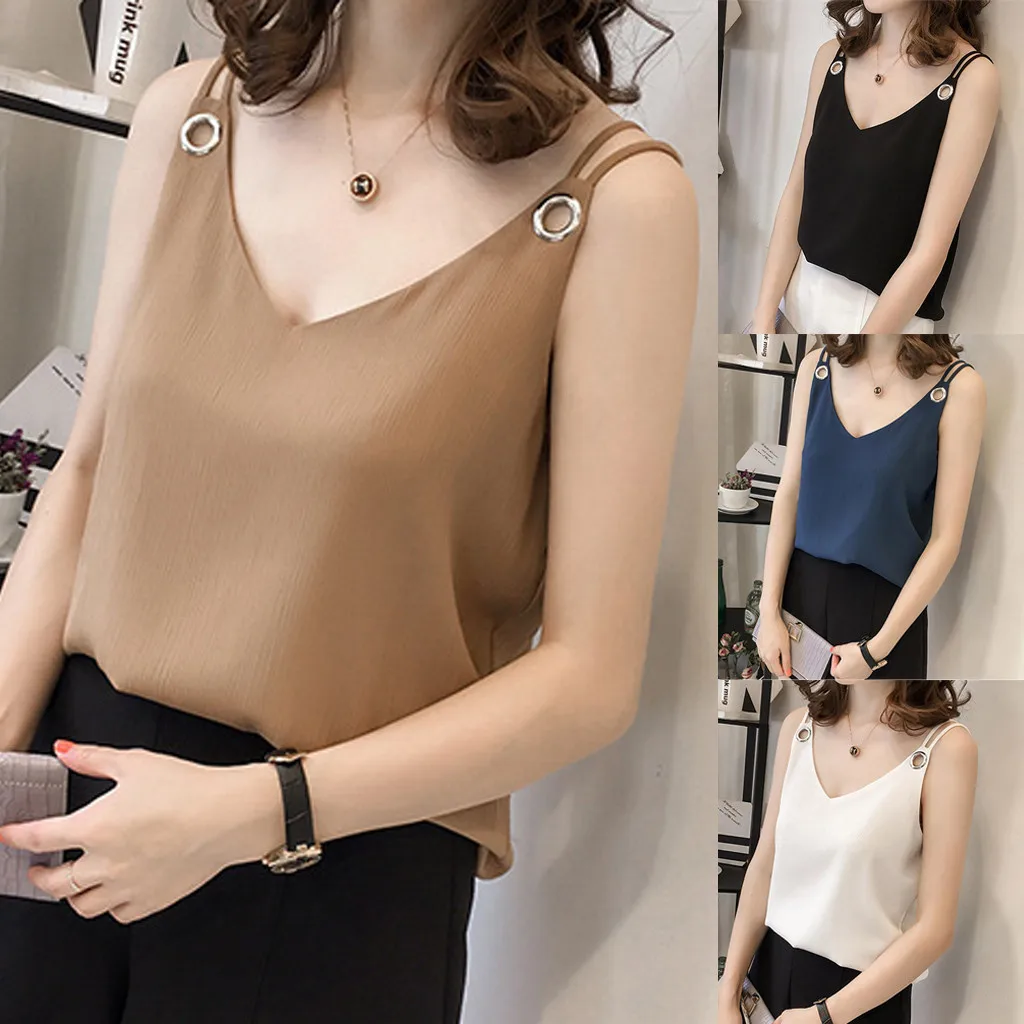 

Sexy Chiffon Strap Tops Vest Female Loose V-Neck Top Camisole Tank Tops Summer Clubwear Streetwear Sleeveless Women Camisole