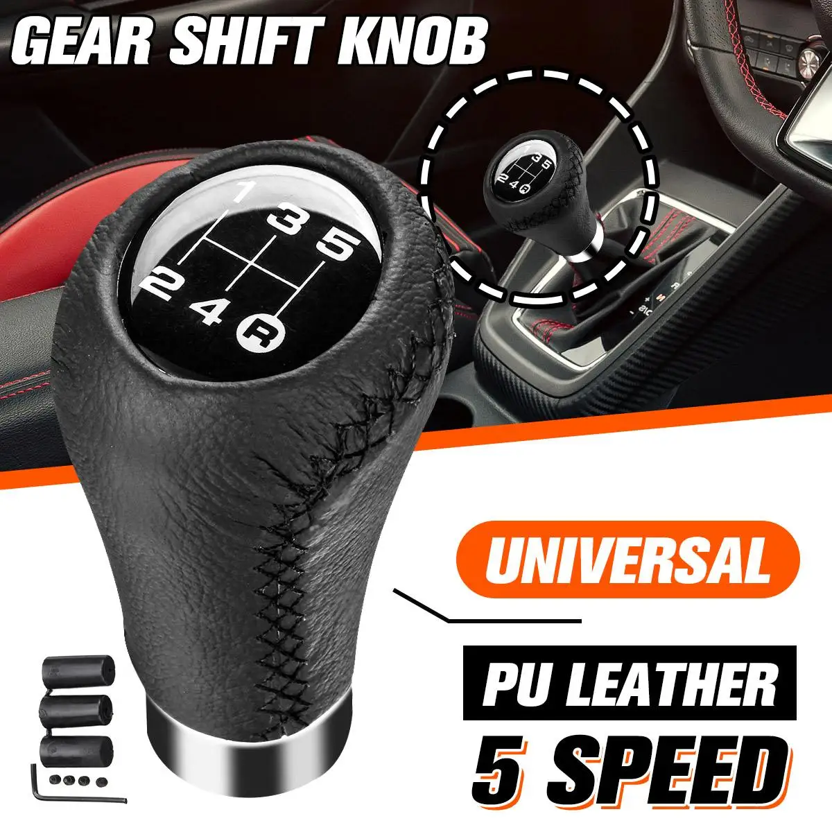 

Universal 5 Speed Manual Car Gear Shift Knob Gear Stick Shifter Lever Black Line Stitch PU Leather