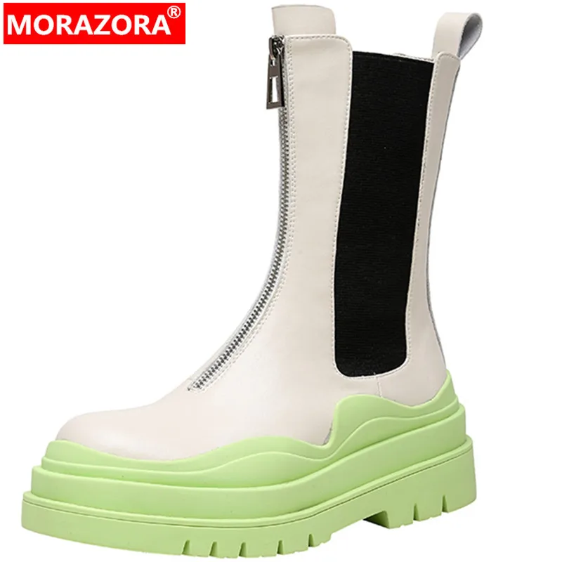 

MORAZORA 2022 New Mixed Colors Flat With Heels Shoes Zipper Mid Calf Boots Platform Genuine Leather Women Boots