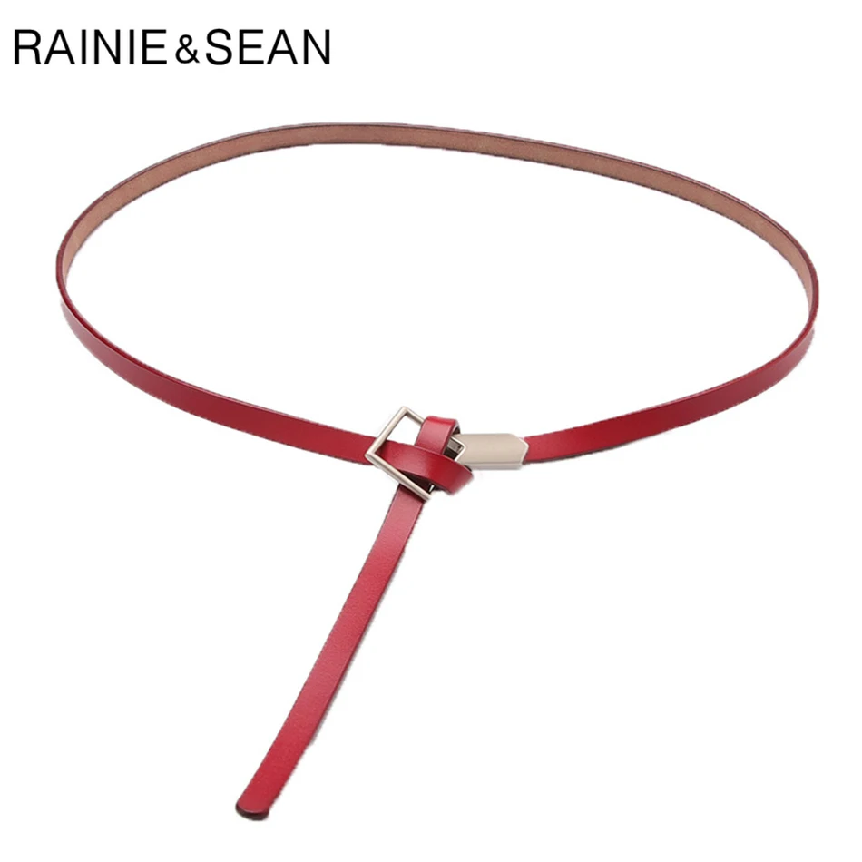 RAINIE SEAN Knot Belt Women Red Real Leather Belt Female Thin Designer Brand Red Simple Genuine Cow Leather Ladies Dress Belts