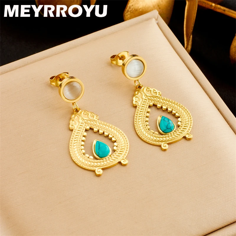 

MEYRROYU 316L Stainless Steel 18K Gold Plated Earring Waterdrop Blue Zircon Pendant for Women Fashion Jewelry Party Gift Brincos