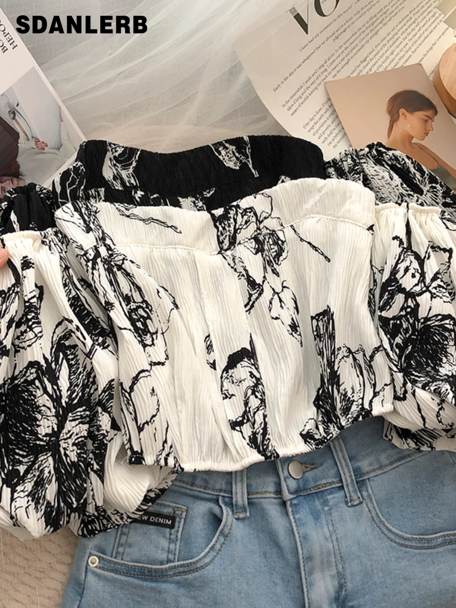 

Color Matching Splashed Ink Printing Off-Shoulder Short Sleeve Top Women's Korean Style Short Blouse Fashion 2022 Summer Shirt