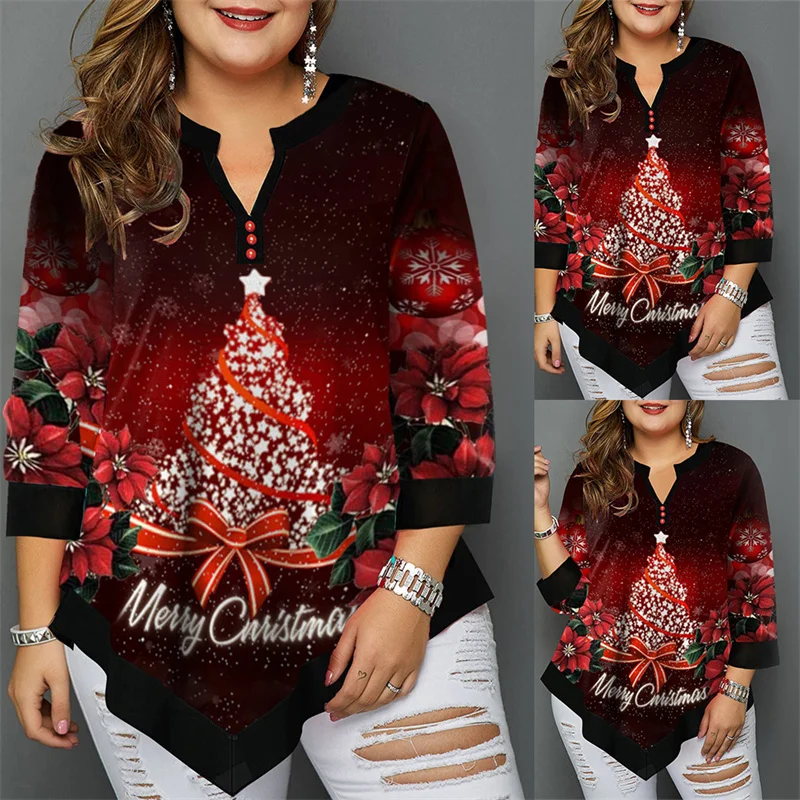 2022 Autumn Winter Women Plus Size Christmas Tree  Printed T Shirt Sexy V Neck Buttoned Irregular Hem Full Long Sleeve Tee Shirt