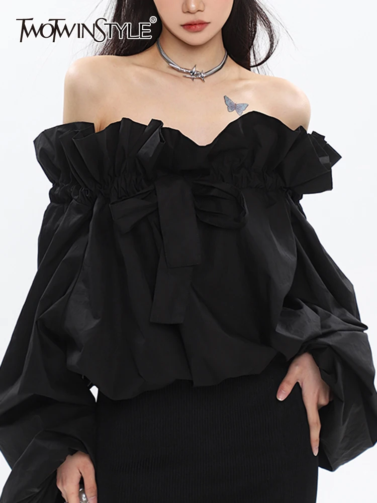 

Женская блузка с бантом TWOTWINSTYLE, белая однотонная Повседневная Блузка составного кроя с воротником-лодочкой, открытыми плечами и рукавами-фонариками на лето 2019