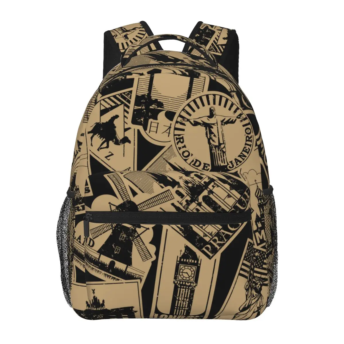 

Women Men Backpack Vintage Paper Landmarks Travel Labels Travel Female Bag Male Laptop Backpack Book Bag
