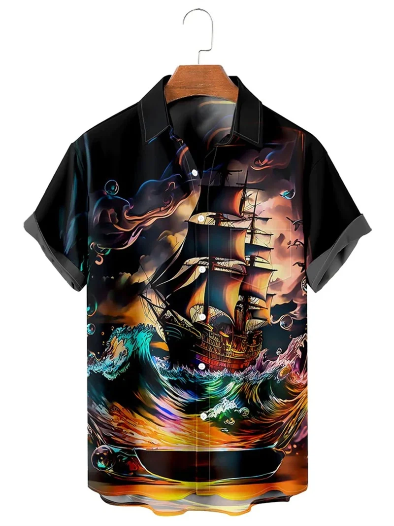 

Sailor's Boat Hawaiian Shirts 2023 Summer 3D Printed Vacation Beach Shirts Casual Vintage Clothes Women Lapel Blouse Plain Shirt