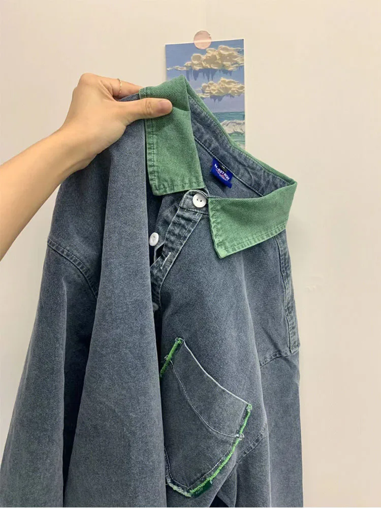 

Женская джинсовая куртка с лацканами, свободная однобортная винтажная джинсовая куртка в стиле бойфренд, верхняя одежда в стиле Харадзюку, ...