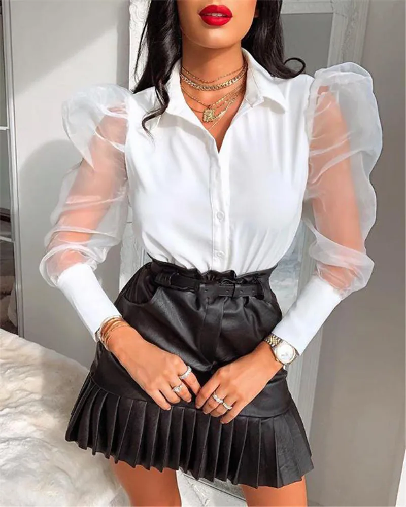 

2021 New Womens Fashion Blouse Mesh Sheer Puff Sleeve V Neck Button Elegant Blouses Tops Ladies Shirts Blusas Black White