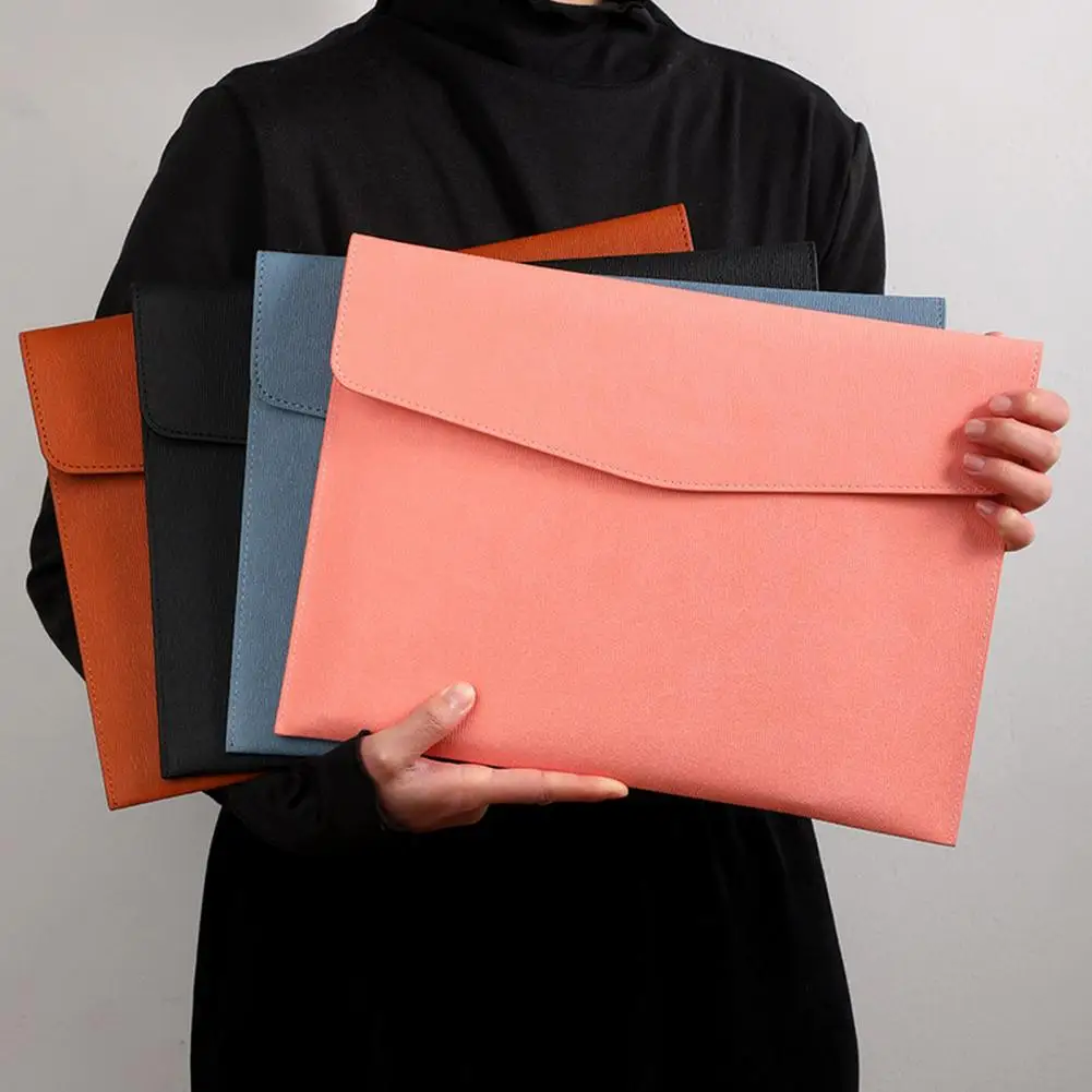 

Snap Button Closure Solid Color Faux Leather File Bag A4 Size Envelope Expanding File Folder Office Supplies