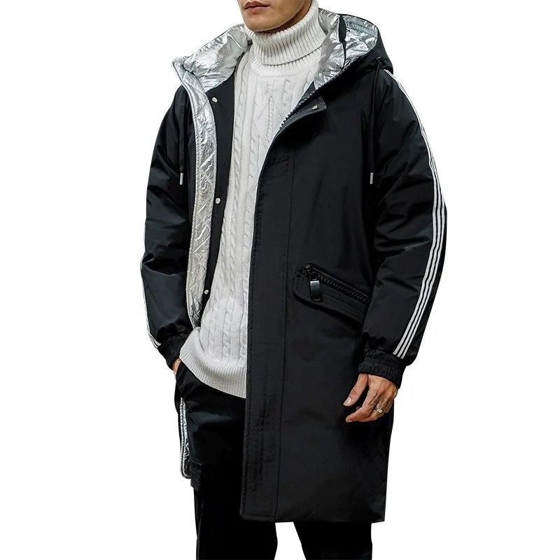 Down jacket for men 2022 autumn and winter stripe British casual style Hooded overcoat long Warm coat duck down Large men's wear
