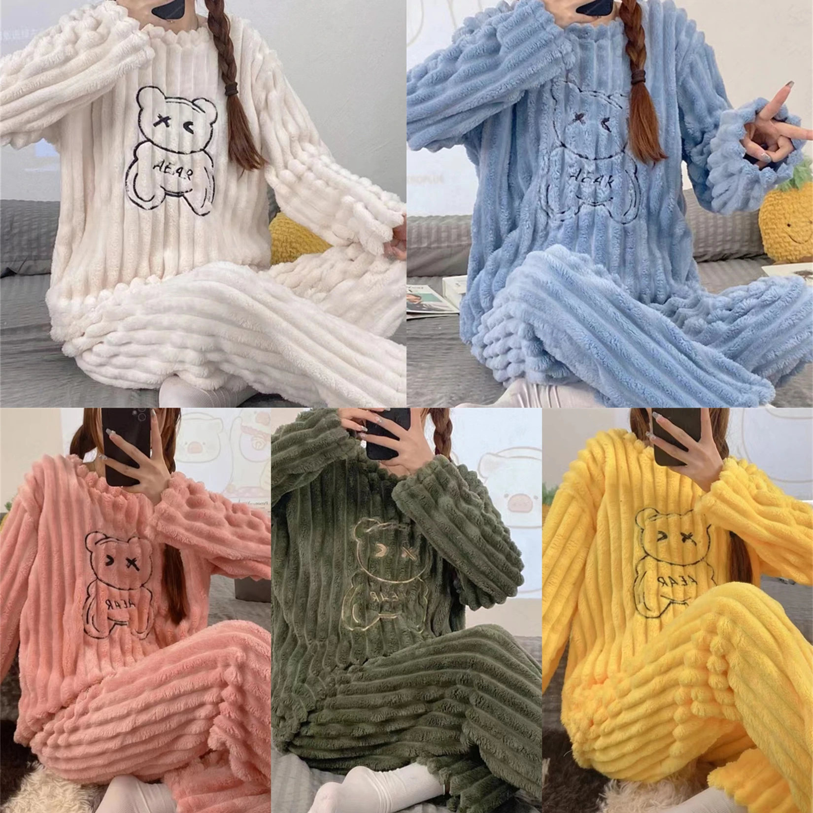 

Зимняя термо-пижама для девочек с утолщенным студенческим бархатным костюмом из двух частей с коралловым рисунком, Фланелевое домашнее пла...