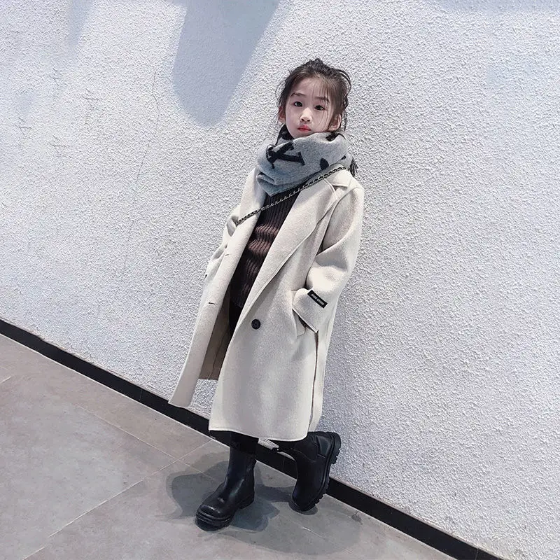 

4-12 Years Winter Jackets New Girls Long Wool Blends Parka Trench Coat Lapel Kids Children's Boutiques Coats For Teens Girls