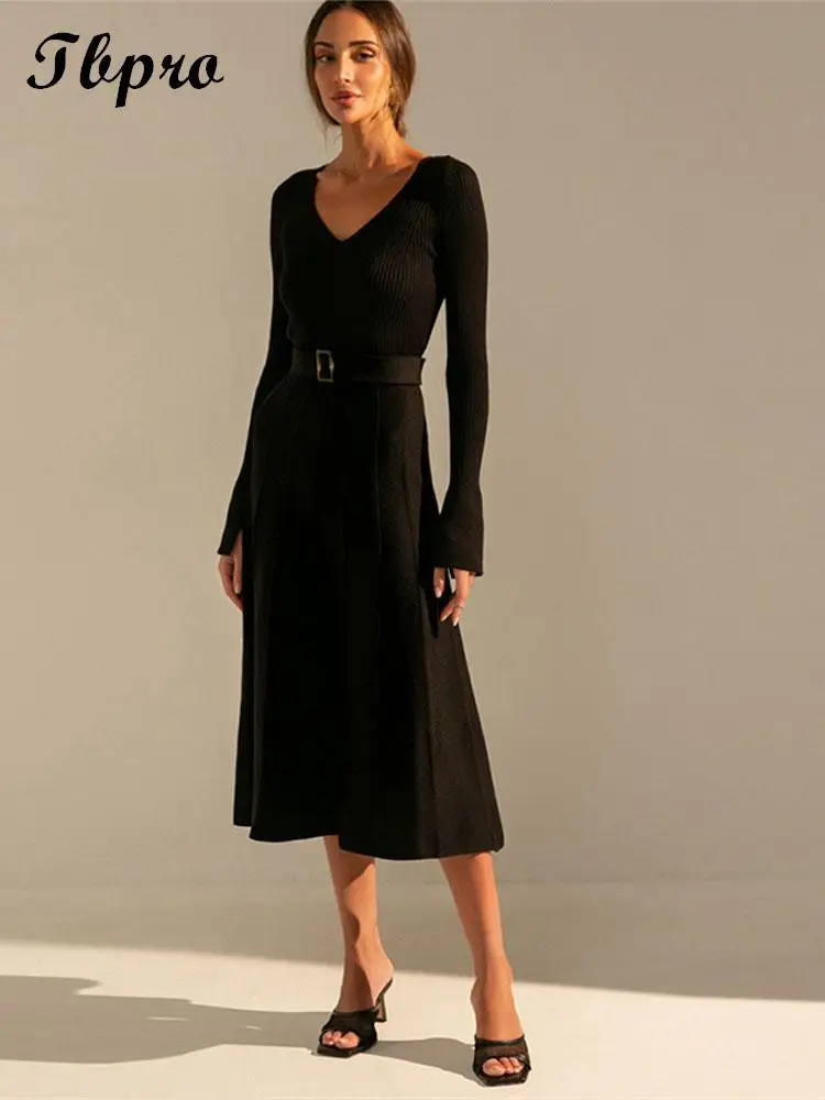 

Женское трикотажное платье средней длины, элегантное однотонное офисное платье с рукавами-пагоды, V-образным вырезом и высокой талией, осень