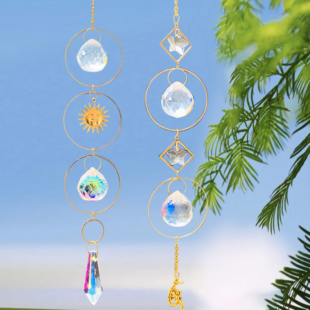 

Pentagram Stars Sun Annular Circle Pendant Polished AB Color Crystal Ball Arrowhead Prism Glass Sun Catcher Fairy Garden Decor