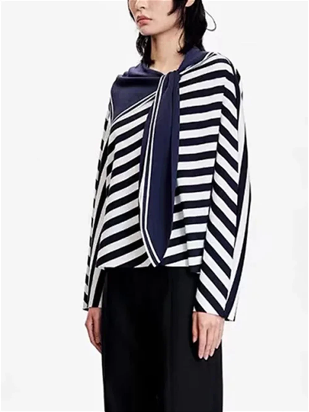 

Women Contrast Color Striped Asymmetric Sailor Collar Sweatshirt Autumn New 2023 Ladies Vintage Commuter Long Sleeve Pullover