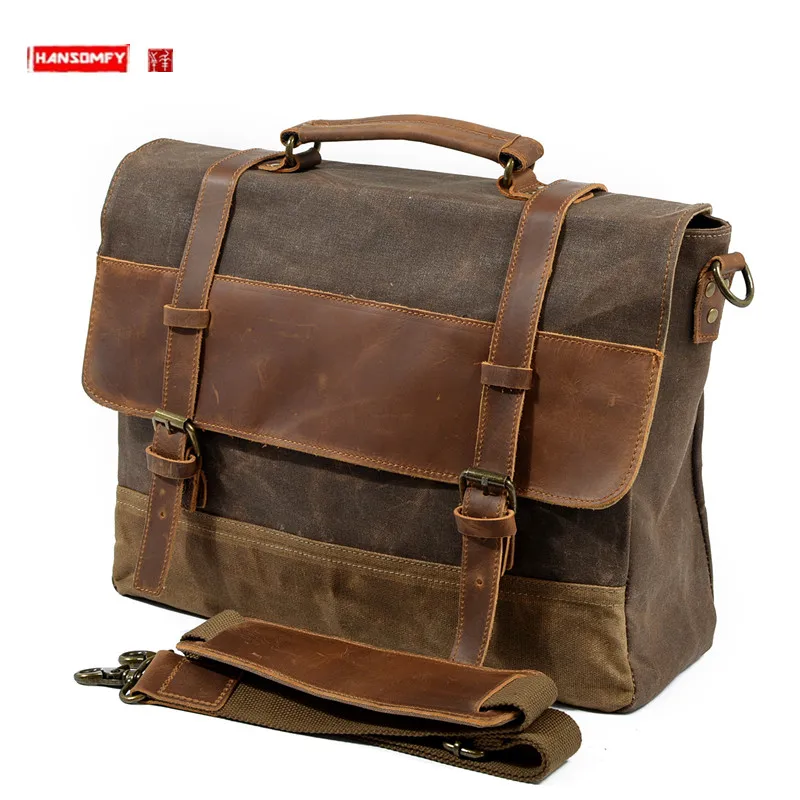 New Waterproof Oil Wax Canvas With Cowhide Leather Briefcase Men's Bag Retro Briefcase Shoulder Messenger Handbags Laptop Bags