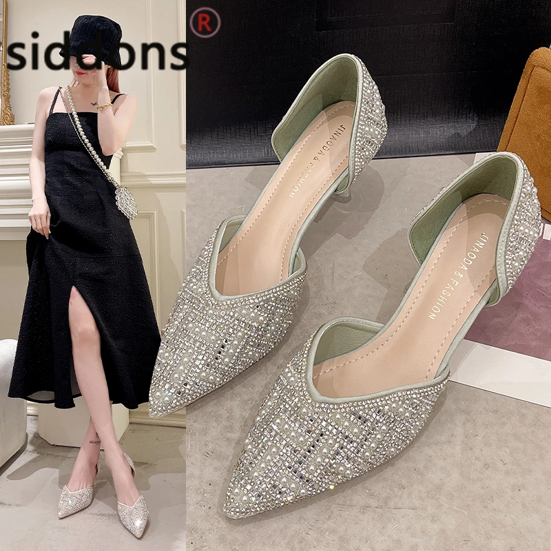 

2022 Spring/summer new ladies sandals thin high heels pointy toe high heels elegant beaded crystal party ladies shoes Stiletto