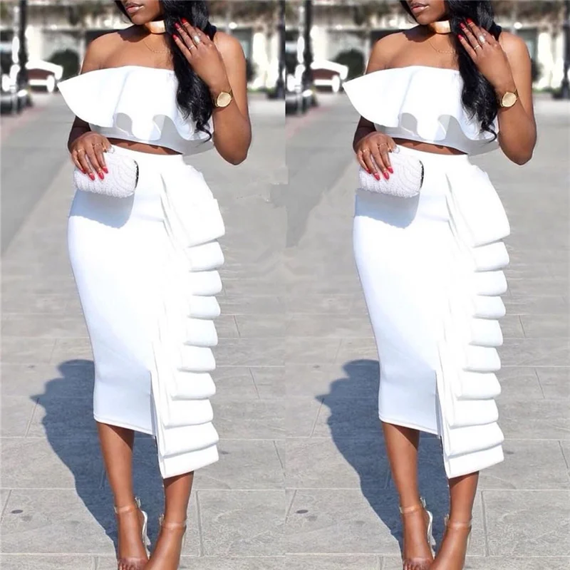 

Large Multi-layer Stacked Skirt Ruffle Sexy Slim Fit Top Suit Female Two Piece Sets Cute Outfits For Women Black Tube Dress