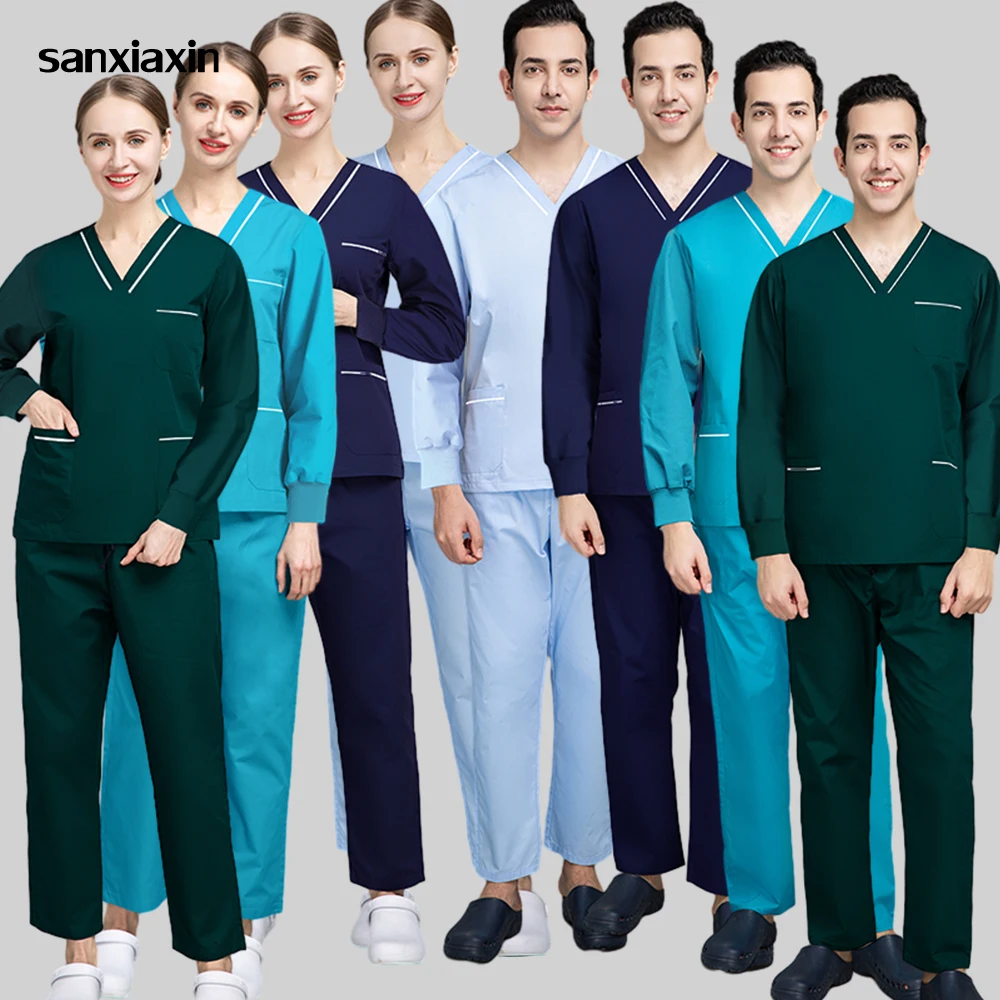 

Unisex Scrubs Set Long Sleeve V-neck Coat+Pants Medical Nurse Uniform Doctor Clothes Pet Grooming Spa Overalls Surgical Workwear
