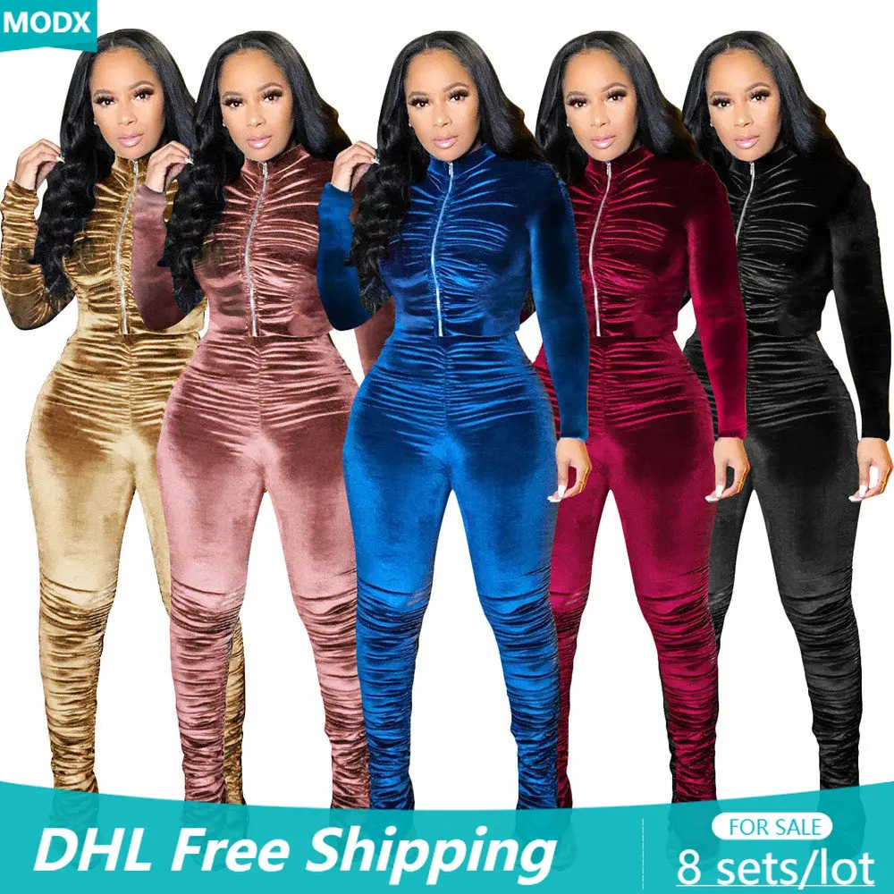 

8 Wholesale Velvet 2 Piece Set Women Matching Outfit Casual Lady Tracksuits Folds Sport Suit Femme Sweatsuit Jacket + Pants 8571