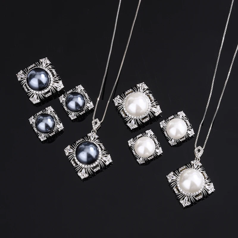 

EYIKA Vintage Enamel White Black Pearl Zircon Rhombus Pendant Necklace Ring Earrings Women Wedding Anniversary Fine Jewelry Set