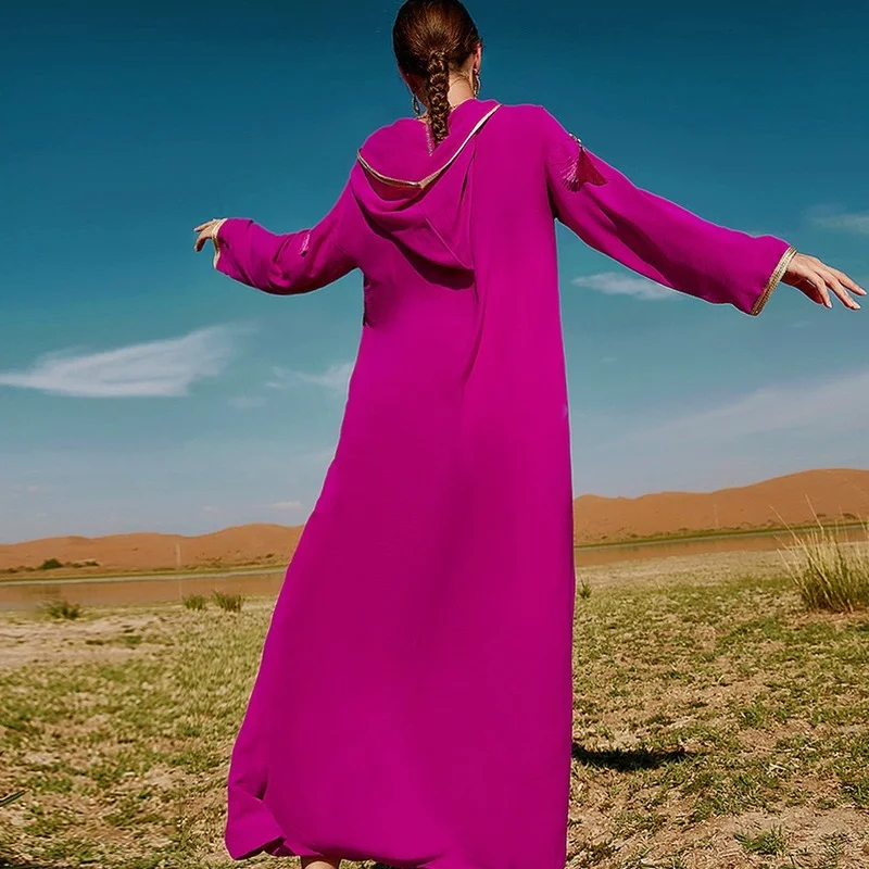 Rose Red Hooded Hand-stitched Diamond Robe Long Skirt Middle East Morocco Dubai Elegant Long Dress 2022 New Fashion Ramadan