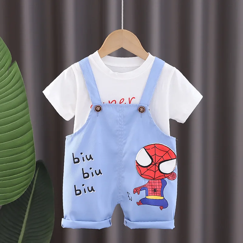 

2023 Summer Baby Boy Outfit Set for Childrens White Cartoon Casual Short Sleeve T-shirts and Overalls Infant Clothes Kids Suits